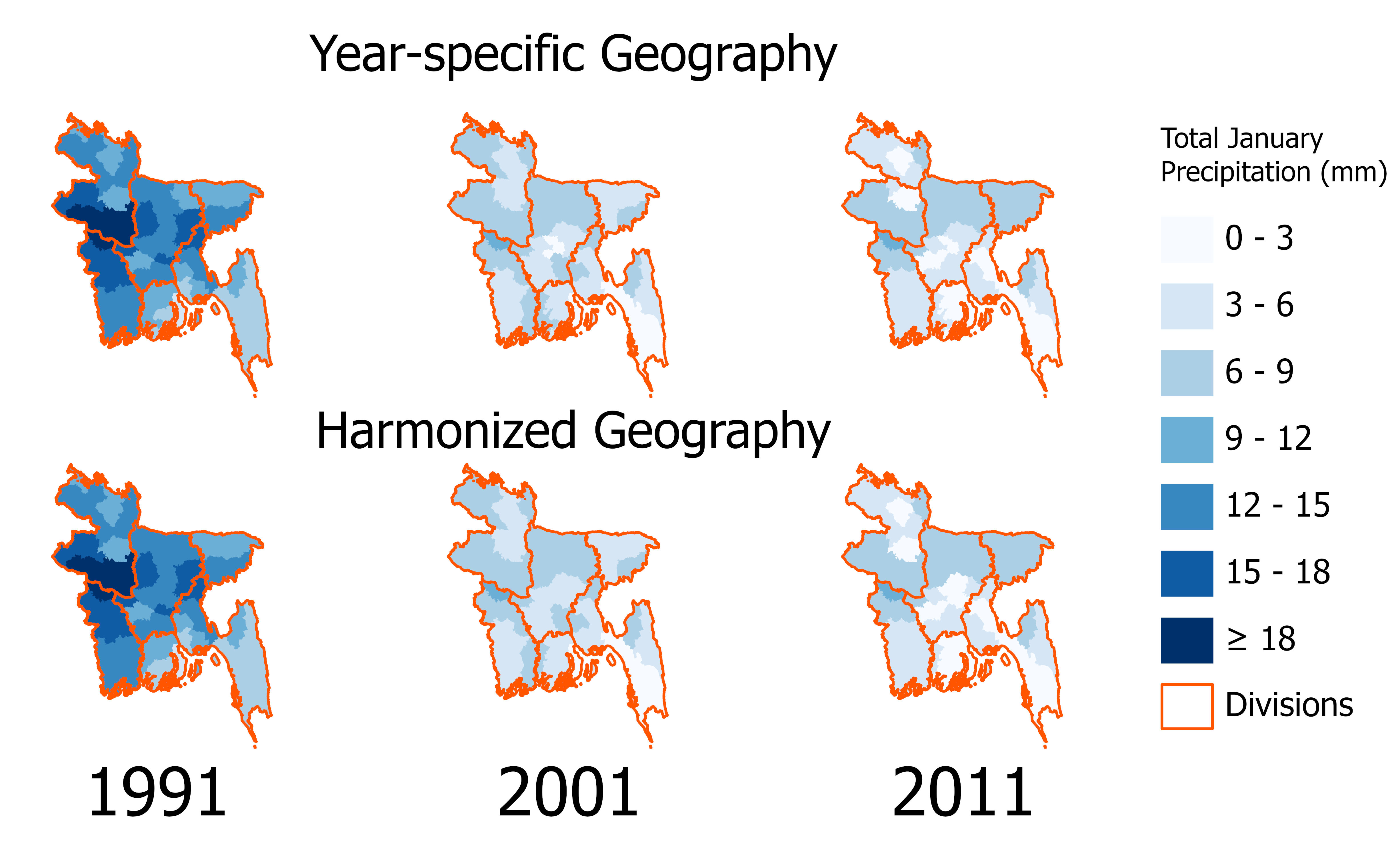 Map showing total January precipitation in Bangladesh, 1991 to 2011